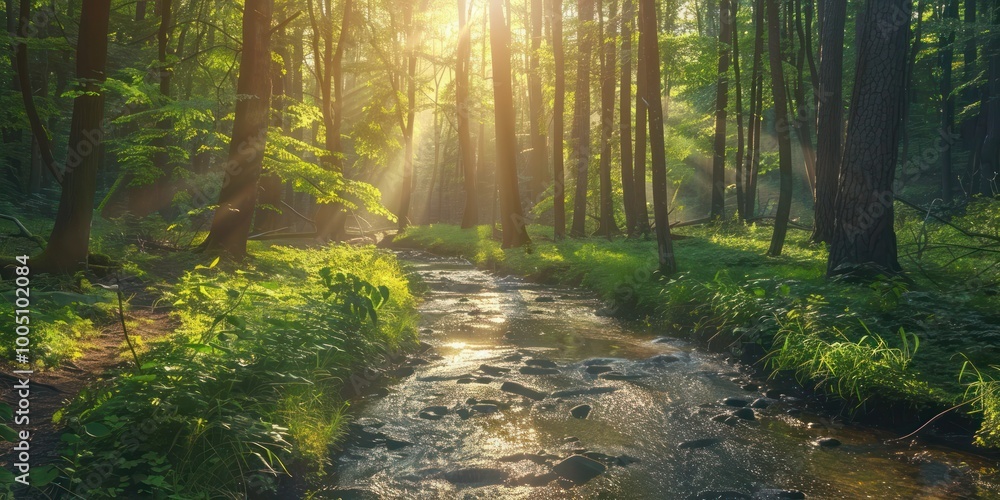 Poster a serene forest clearing with dappled sunlight filtering through the trees and a gentle stream flowi