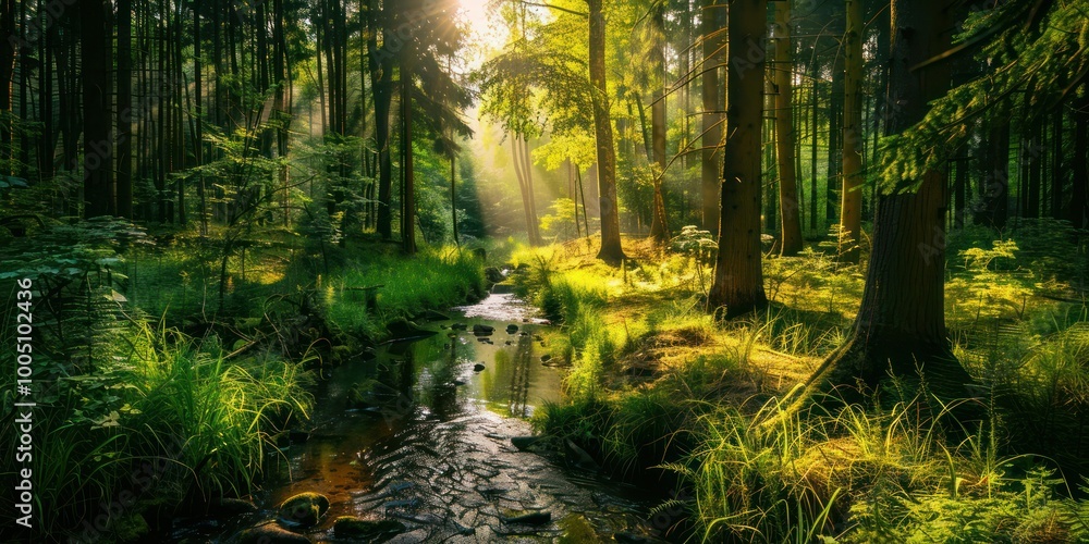 Poster a serene forest clearing with dappled sunlight filtering through the trees and a gentle stream flowi