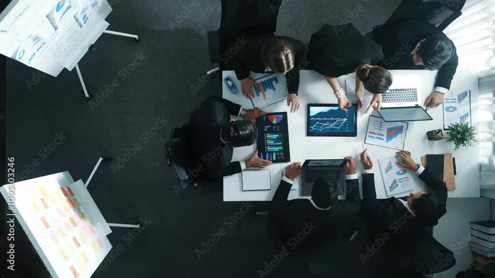 Aufkleber top view of businesswoman bring financial statistic graph during meeting. time lapse of smart manage