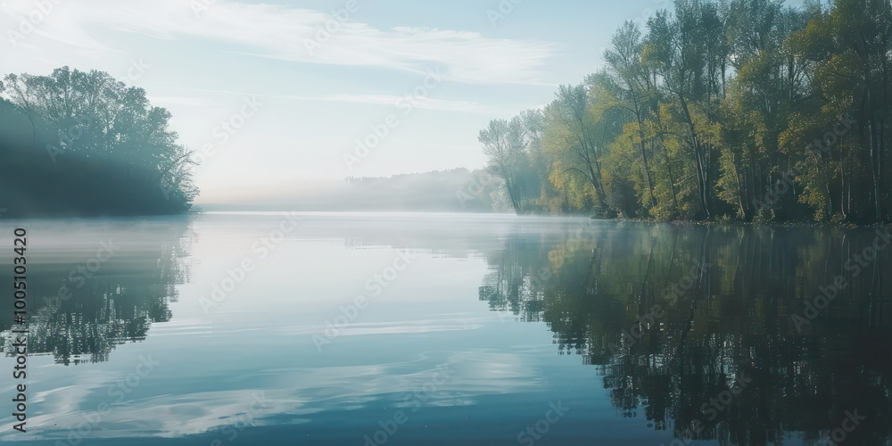 Poster a serene lakeside view with calm waters reflecting the surrounding trees and a soft morning mist hov
