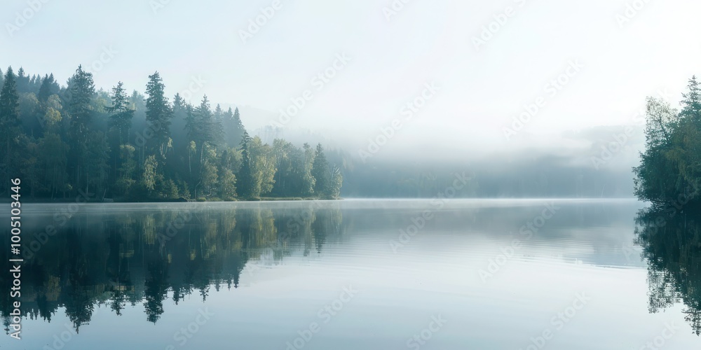 Poster a serene lakeside view with calm waters reflecting the surrounding trees and a soft morning mist hov