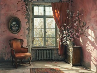 Vintage Interior with Sunlight and Flowers