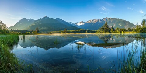 Fototapeta premium A serene mountain lake at sunrise, with still waters reflecting the surrounding peaks and trees, creating a peaceful atmosphere