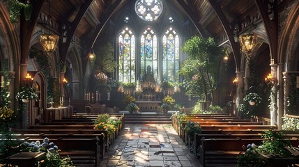 Fototapeta premium Gothic Church Interior with Floral Decor - A Serene Wedding Setting