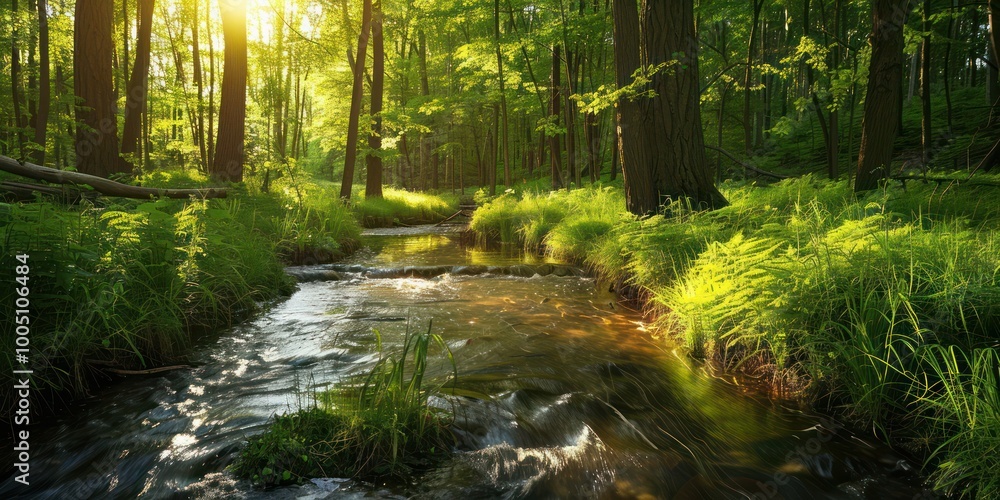 Poster a tranquil forest scene with a gentle stream flowing through lush greenery and dappled sunlight filt