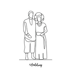 One continuous line drawing of Wedding ceremony vector illustration. The bride and groom with wedding traditional country costume design illustration in simple continuous line style vector concept.