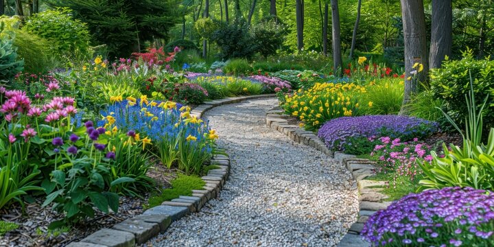 A tranquil garden scene with a stone path winding through blooming flower beds and tall trees