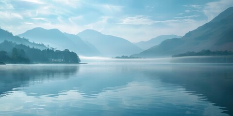 Naklejka premium A tranquil lakeside scene with calm water, a soft mist rising in the morning light, and a distant mountain range