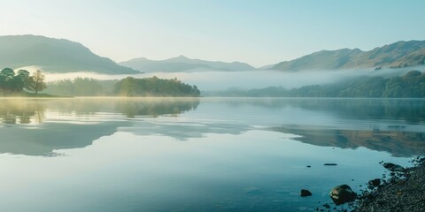 A tranquil lakeside scene with calm water, a soft mist rising in the morning light, and a distant mountain range