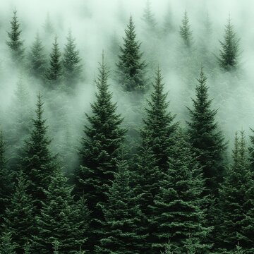 Mystical Evergreen Forest Shrouded in Morning Mist: Enchanting Nature Scenery with Dense Tree Canopy and Serene Atmosphere for Relaxation