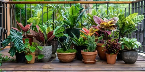 A variety of potted plants arranged on a wooden deck, with different shapes and sizes of pots