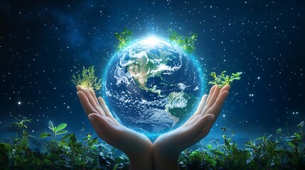 A glowing Earth is held gently in two hands, surrounded by plants and a starry night sky. This...