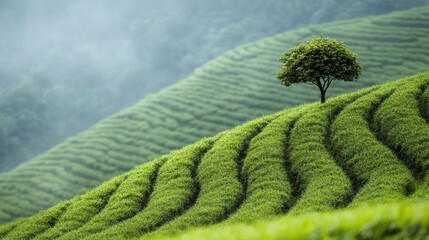 Fototapeta premium A solitary tree stands amidst lush green terraced fields, shrouded in gentle morning mist, creating a tranquil atmosphere