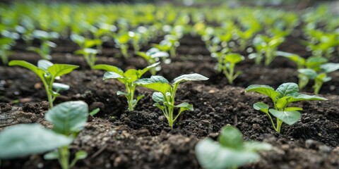 Obraz premium A vegetable garden with rows of plants growing, showing different stages of development