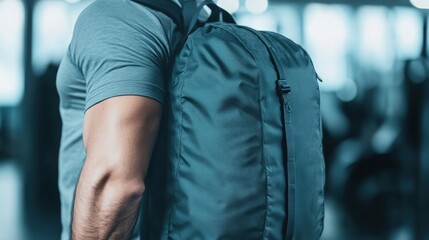 A fitness enthusiast stands ready with a workout bag at the gym, focused on achieving fitness goals and staying active