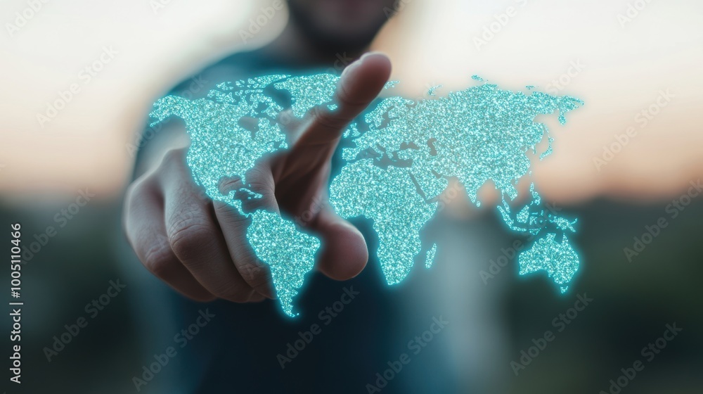 Poster a hand is extended towards a glowing world map, symbolizing international communication and digital 