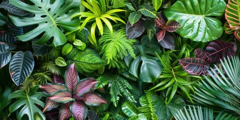 Fototapeta premium A vibrant background of dense foliage, featuring different shades of green and tropical plants