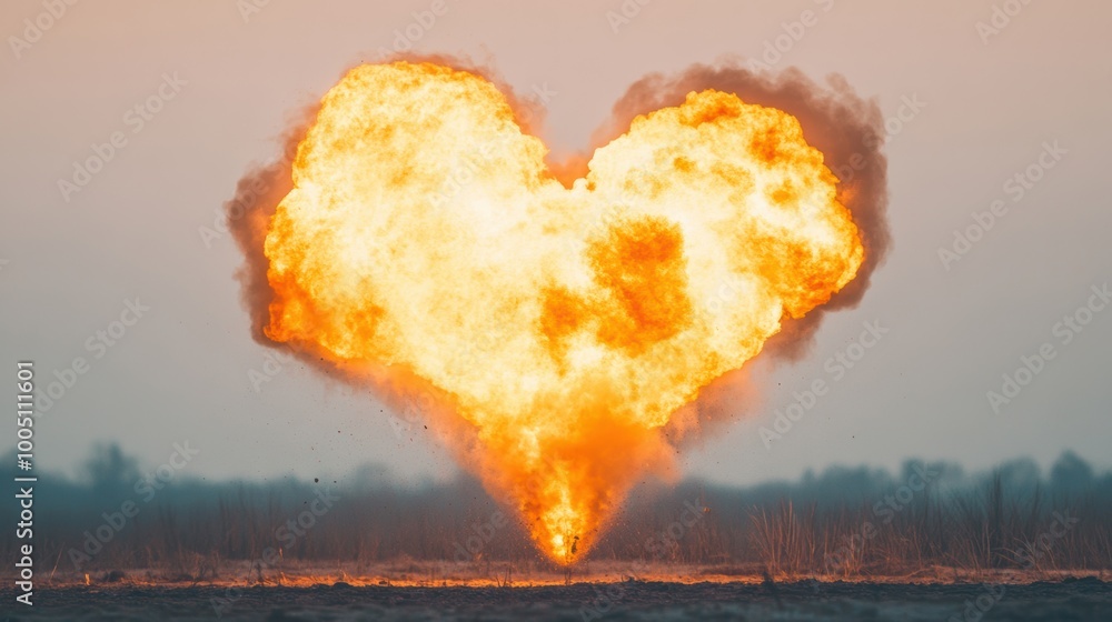 Poster a heart-shaped explosion erupts, sending flames and smoke into the sky, creating a striking display 