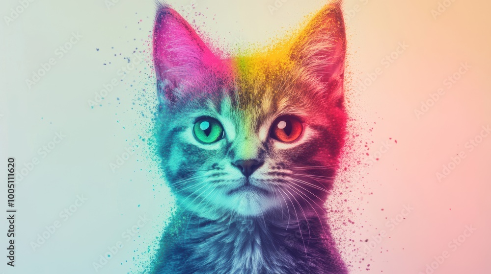 Poster a cute cat is enveloped by an explosion of colorful particles, creating a lively and artistic visual