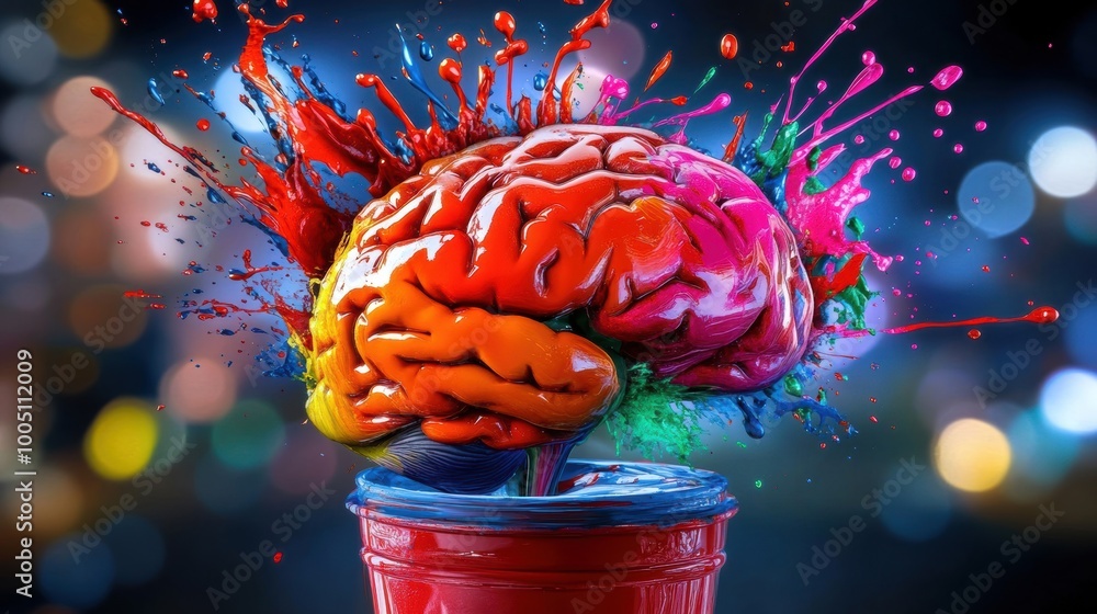 Poster the bright brain bursts with a spectrum of paint, representing a dynamic fusion of creativity and in
