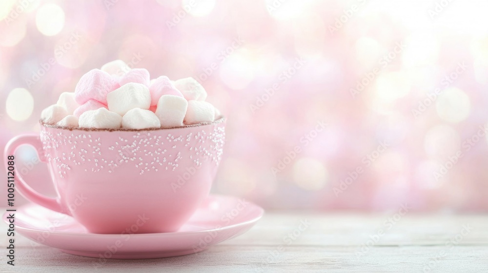 Poster a delightful cup of hot cocoa overflowing with soft marshmallows sits in a charming pink backdrop, p