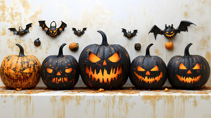 Halloween pumpkins with carved face isolated on light background, modern surrealistic grunge style. Copy space. Cool template for your Halloween party invitation card, poster, banner, wallpaper etc.