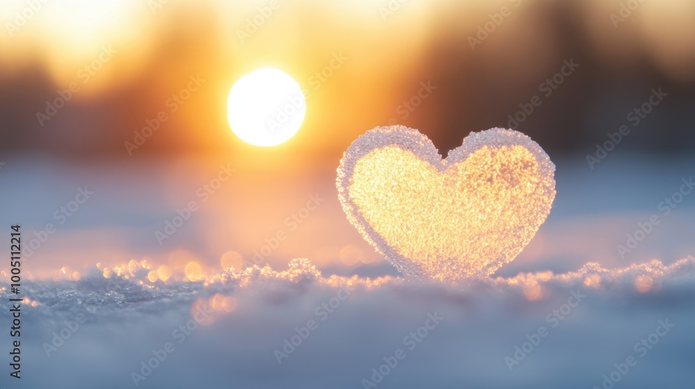 Poster an icy heart rests on the pristine snow, illuminated by the warm glow of the setting sun in the back