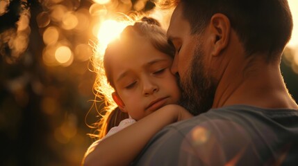 A man holds his crying daughter tenderly in an embrace, surrounded by the soft light of sunset, offering comfort and love