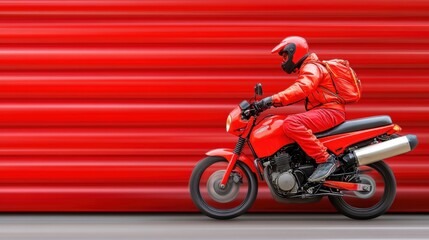 A delivery rider in red gear navigates through an urban area on a red motorbike, showcasing speed and efficiency in motion