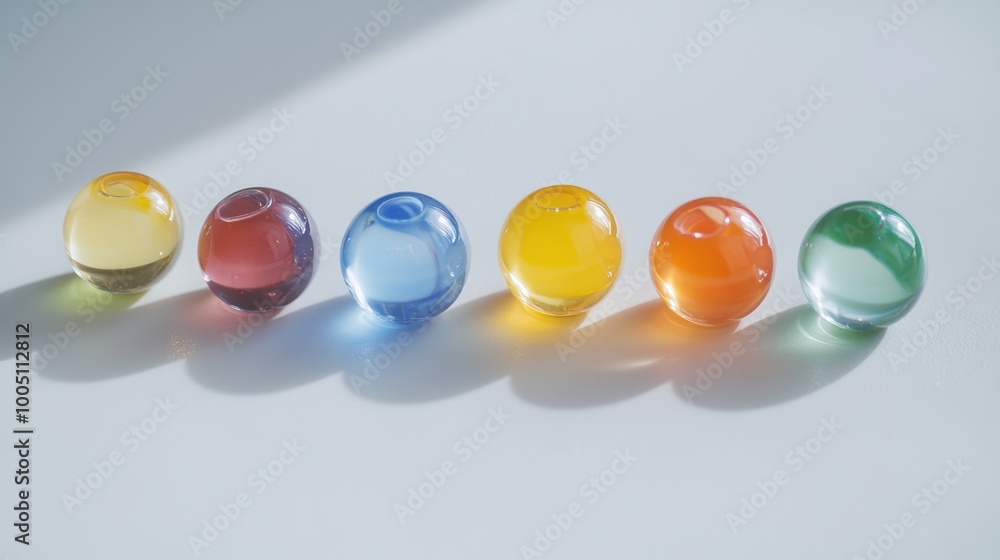 Poster a collection of vibrant glass marbles sits in a neat row on a white surface, reflecting light and ad