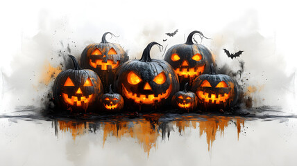 Halloween pumpkins with carved face isolated on light background, modern surrealistic grunge style. Copy space. Cool template for your Halloween party invitation card, poster, banner, wallpaper etc.