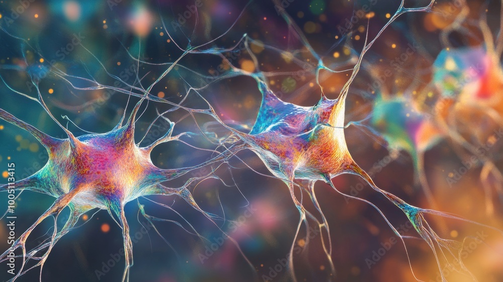 Poster an abstract depiction of neural synapses highlights vibrant colors and intricate connections represe