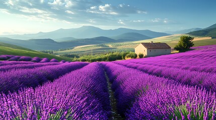 Serene lavender field landscape stretching to the horizon with rolling hills backdrop