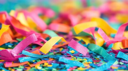 Vibrant streamers and confetti cover a bright surface, creating an atmosphere of joy and excitement during a special occasion