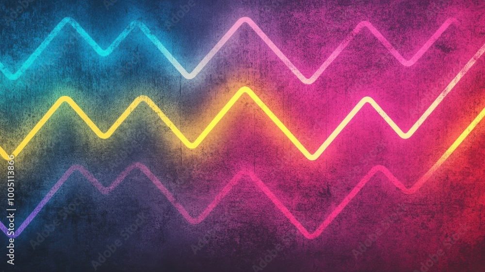 Poster colorful neon zigzag lines glow against a dark surface, adding energy and vibrancy to a modern creat
