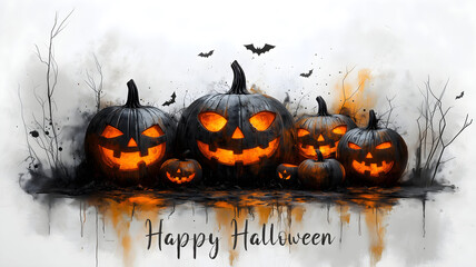 Halloween postcard with heading. Pumpkins with carved face isolated on light background, modern surrealistic grunge style. Cool design for halloween party invitation card, poster, banner, wallpaper.