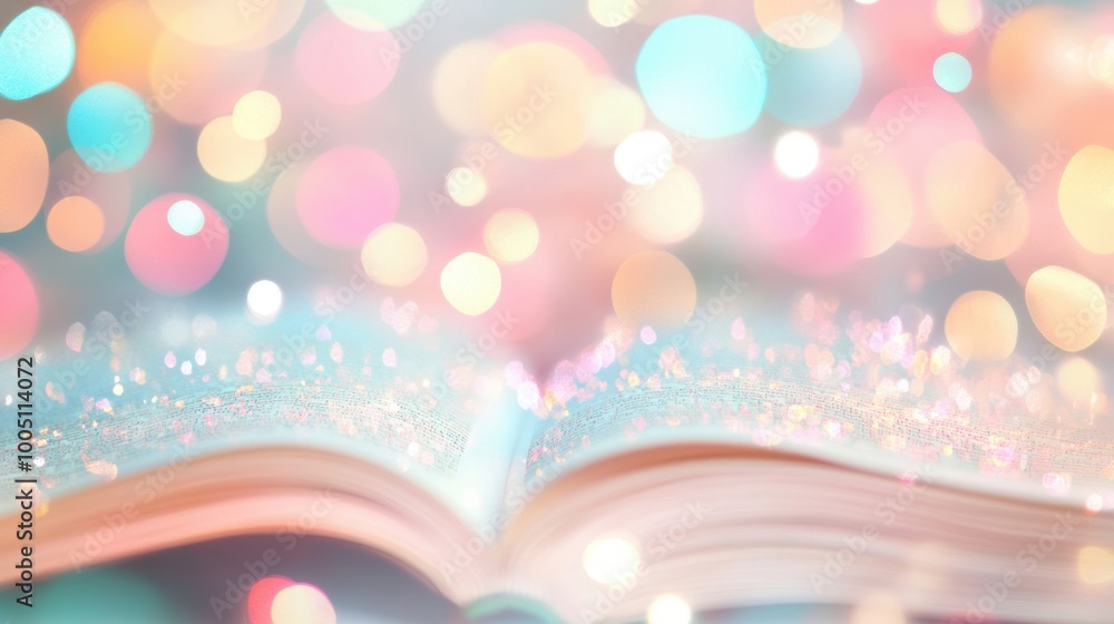 Aufkleber an enchanting open book glimmers with colorful bokeh lights, inviting readers into a realm of magic 