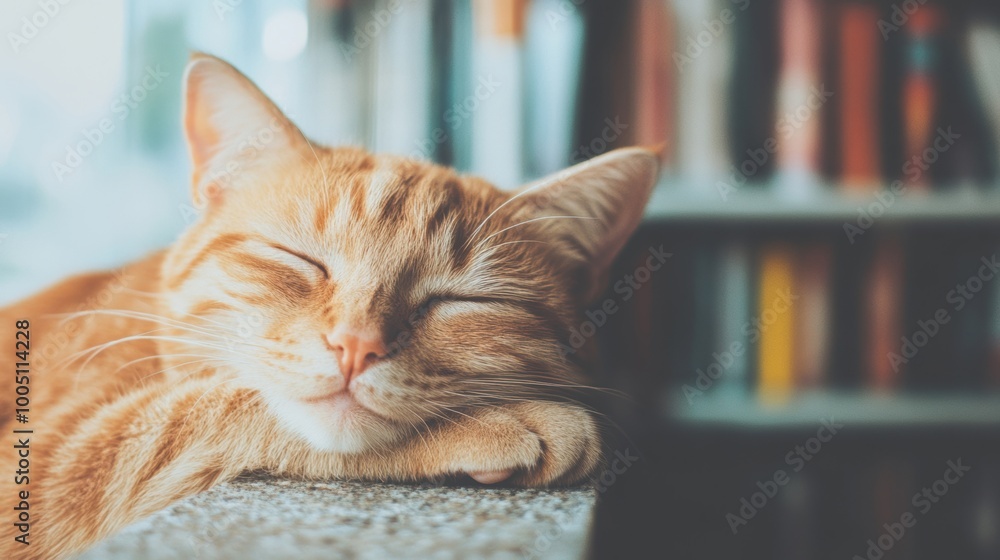 Poster the relaxed cat rests comfortably on a ledge, gazing over shelves packed with colorful books in a tr