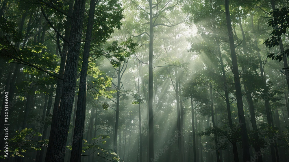 Poster a background featuring a misty forest with tall trees and gentle sunlight filtering through the leav