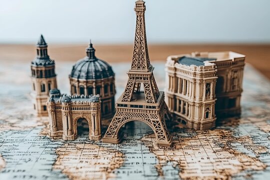 Miniature landmarks on a vintage map showcasing famous global structures and their travel destinations. Generative AI