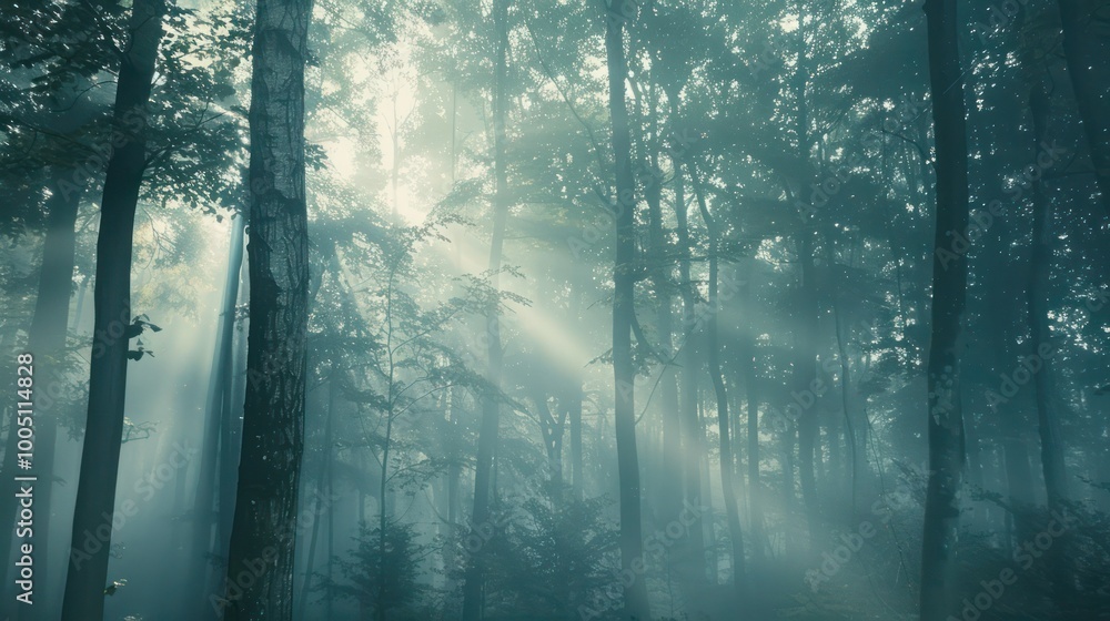 Poster a background featuring a misty forest with tall trees and gentle sunlight filtering through the leav