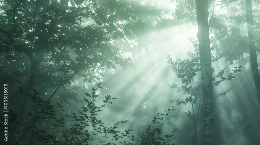 Poster a background featuring a misty forest with tall trees and gentle sunlight filtering through the leav