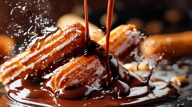 Close-Up Churros with Chocolate Drizzle, Slow Motion Dessert Shot