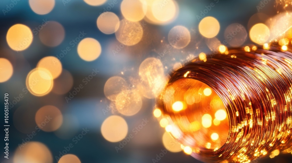 Poster copper wires are coiled and illuminated with sparkling highlights, creating a captivating visual eff