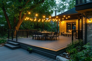 Charming backyard deck with string lights and outdoor dining area for evening gatherings