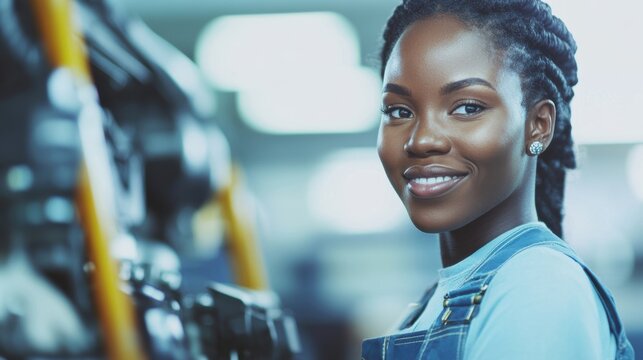 A skilled female mechanic is focused on repairing a car engine in a vibrant workshop filled with tools and equipment - Powered by Adobe