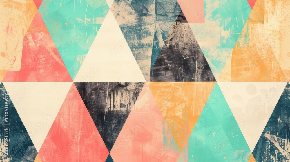 Poster this artwork features a lively arrangement of colorful triangles in various shades, creating a dynam