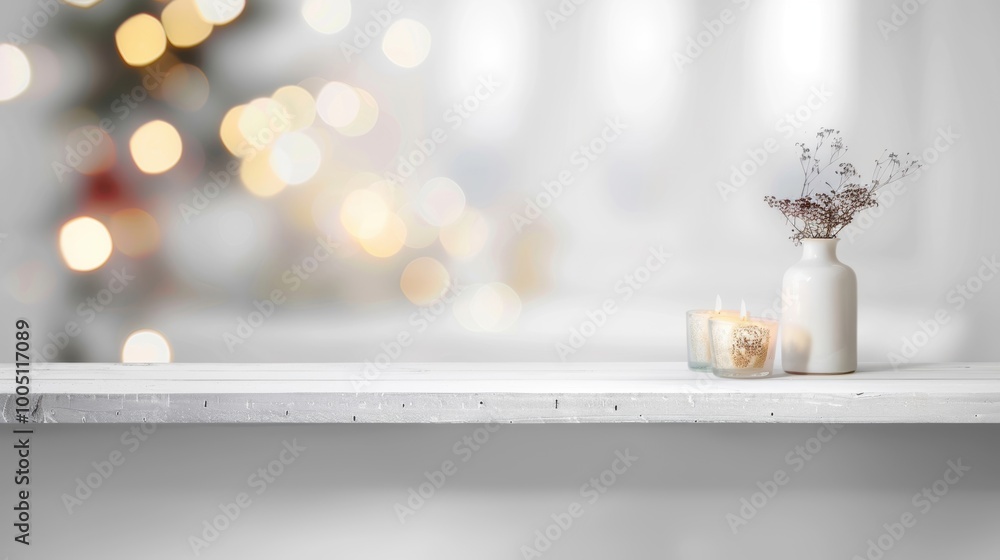 Poster a simple white shelf stands empty, inviting decorations, with soft bokeh lights and greenery in the 