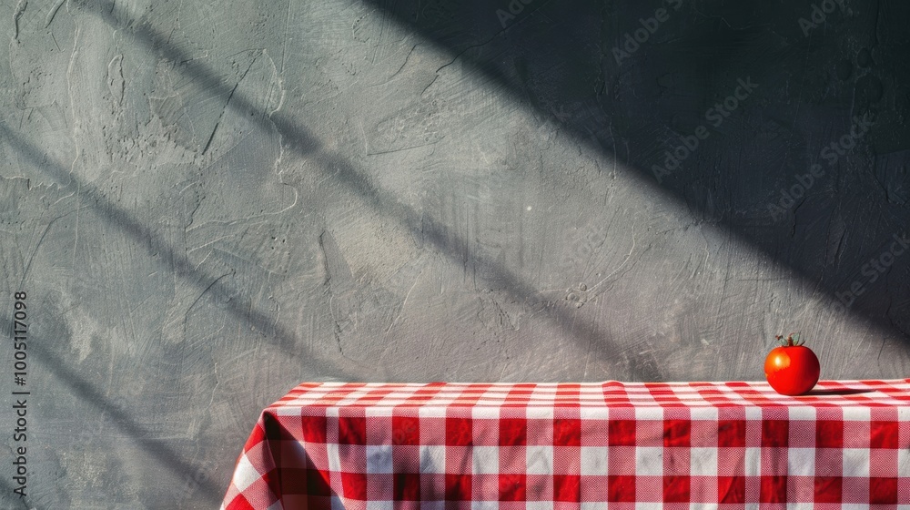 Poster a table covered with a red checkered tablecloth features a single ripe tomato, illuminated by warm a