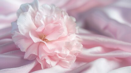 Obraz premium A soft pink flower rests gently on smooth silk fabric, showcasing elegance and beauty in a serene setting with natural light